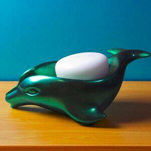NEW Green-Gold Dolphin Self-Draining Soap Dish. Coastal bathroom decor.